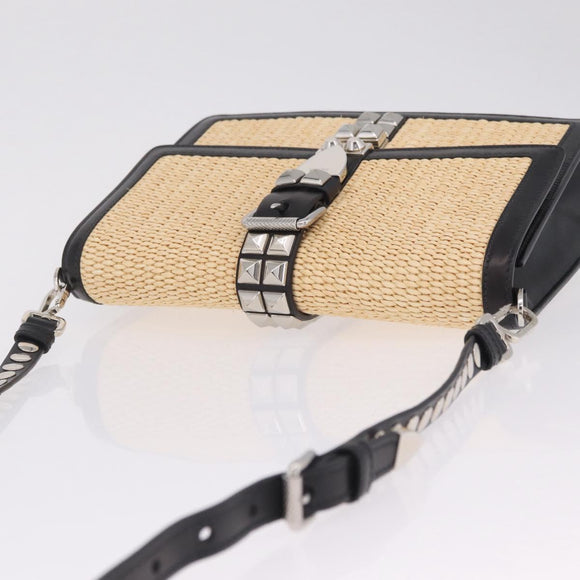 PRADA Studs Electra Shoulder Bag Raffia 2way Beige Silver Auth ar14444V