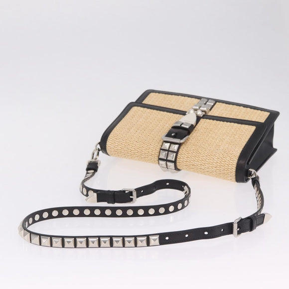 PRADA Studs Electra Shoulder Bag Raffia 2way Beige Silver Auth ar14444V
