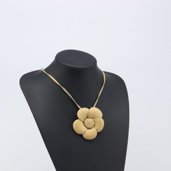 CHANEL Camelia Necklace Leather Beige CC Auth ar14477
