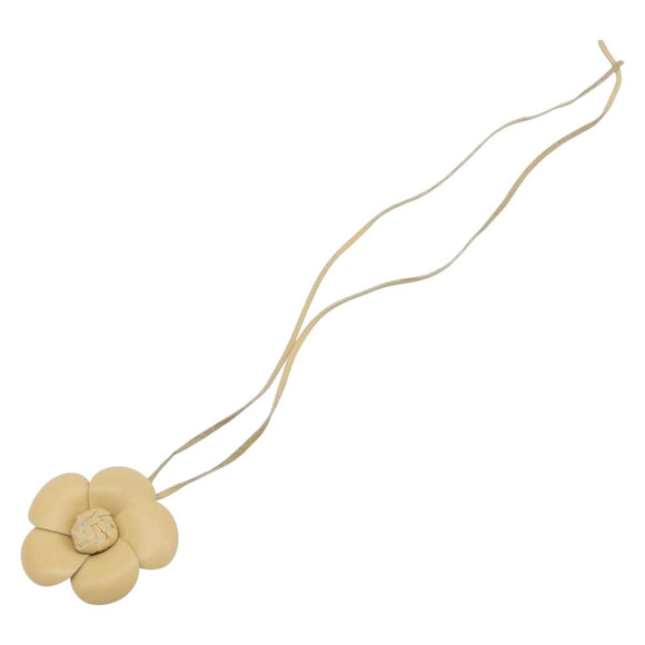 CHANEL Camelia Necklace Leather Beige CC Auth ar14477