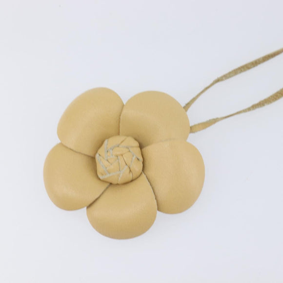CHANEL Camelia Necklace Leather Beige CC Auth ar14477