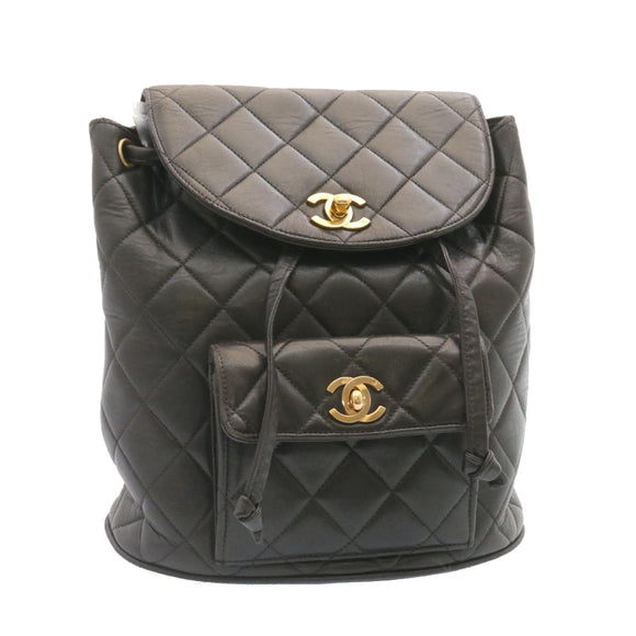 CHANEL Matelasse Backpack Leather Black Gold Tone CC Auth ar4662M