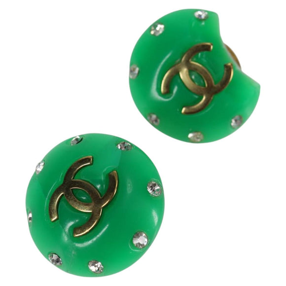 CHANEL Clip-on Earring Gold Tone Green CC Auth ar4783A