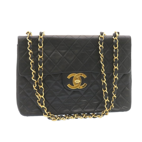 CHANEL Big Matelasse34 Turn Lock Chain Bag Lamb Skin Black Gold CC Auth ar5950SAV