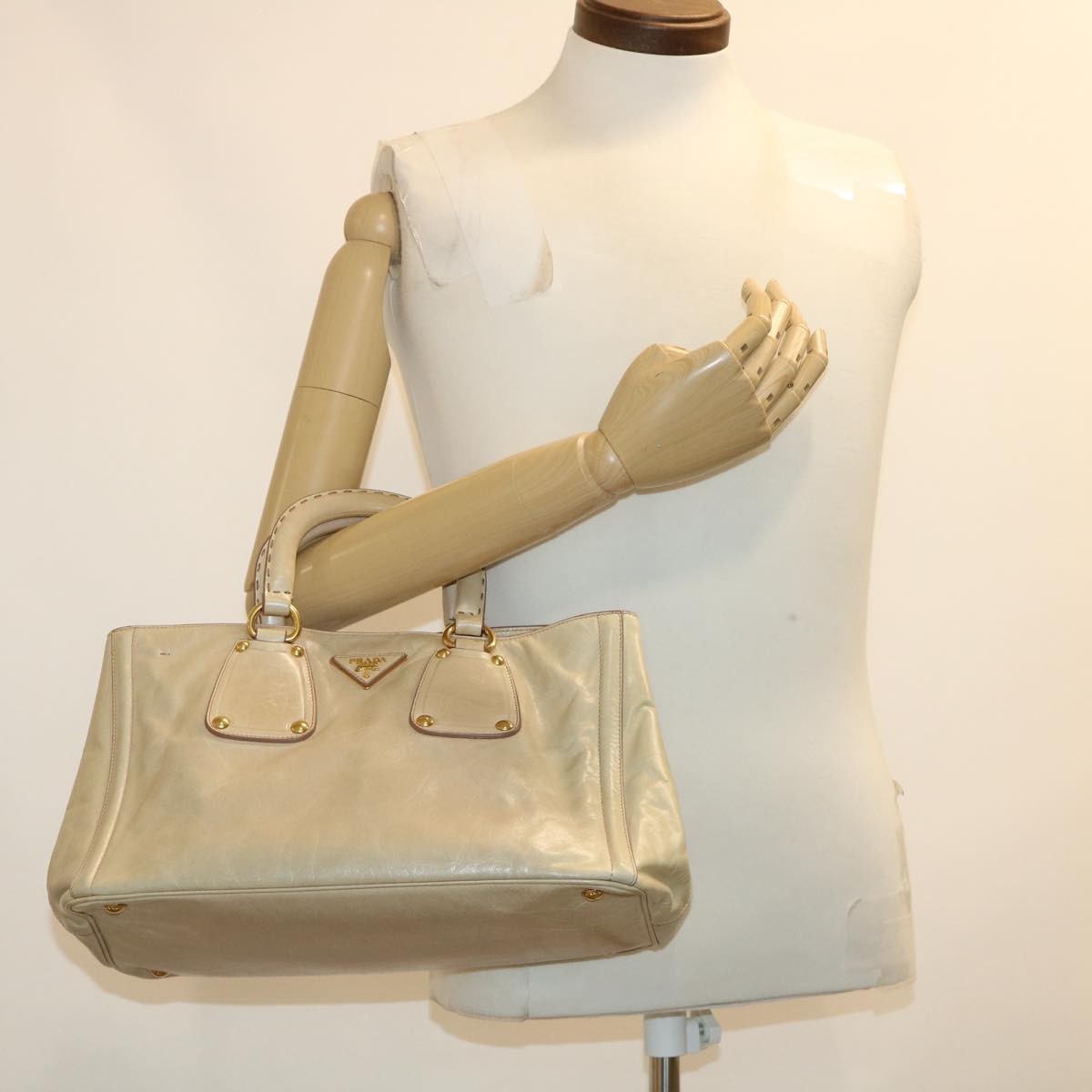 PRADA Hand Bag Leather Beige Auth ar7000