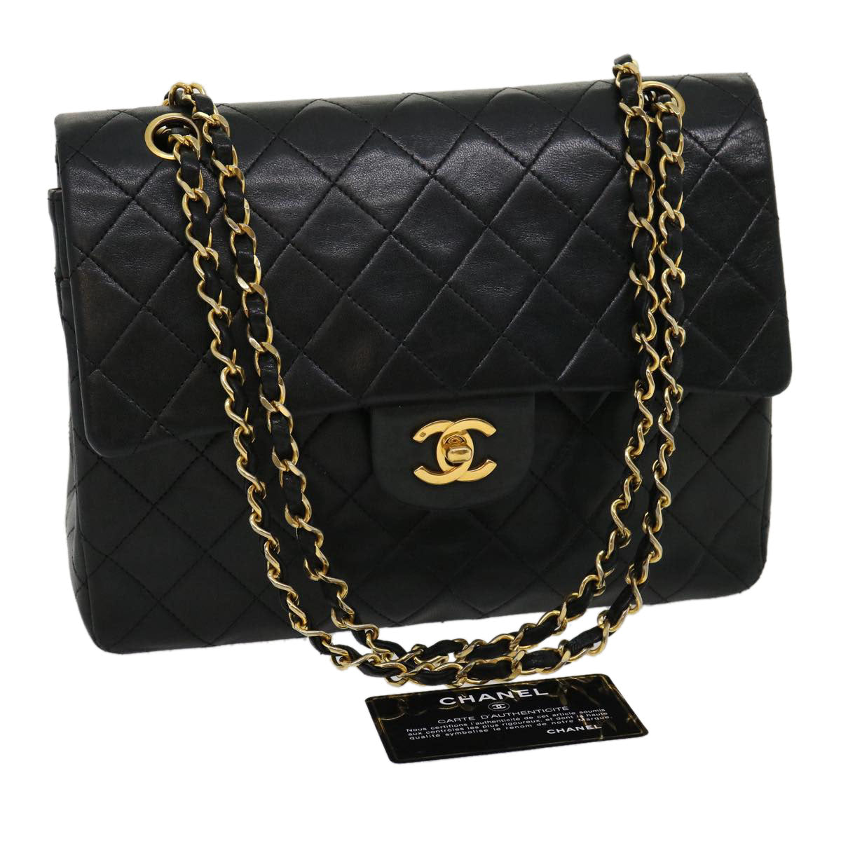 CHANEL Matelasse Double Flap Double Chain Shoulder Bag Lamb Skin CC Auth ar7438A