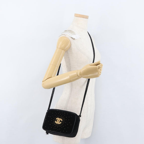 CHANEL Shoulder Bag Velor Black Gold CC Auth ARZ008SAV