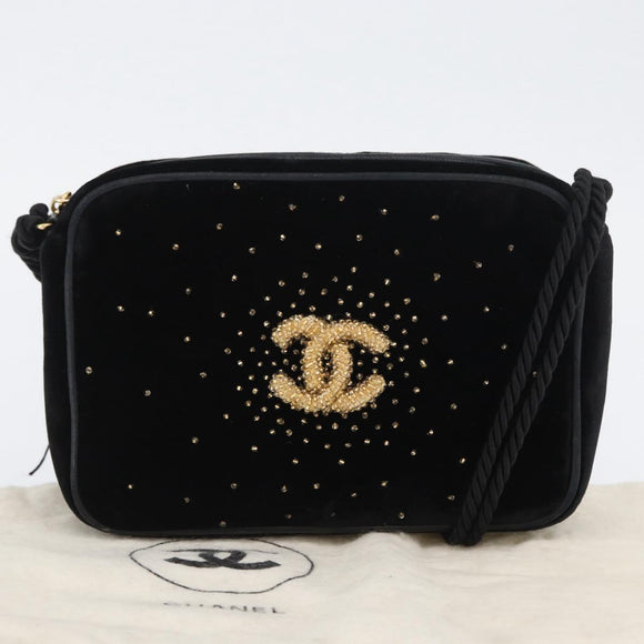 CHANEL Shoulder Bag Velor Black Gold CC Auth ARZ008SAV