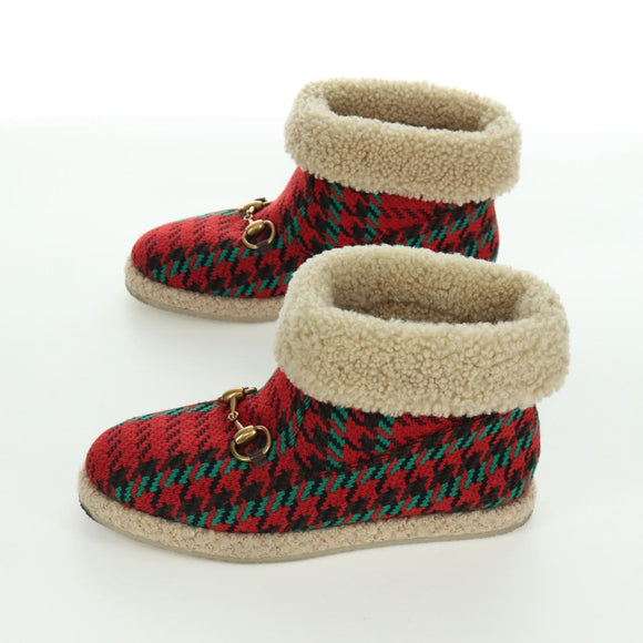 GUCCI Horsebit boots Mouton Red Gold Auth ARZ016M