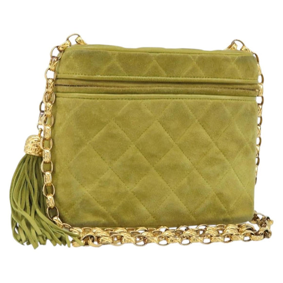 CHANEL Chain Matelasse Umhängetasche Wildleder Grün Gold CC Auth ARZ019A