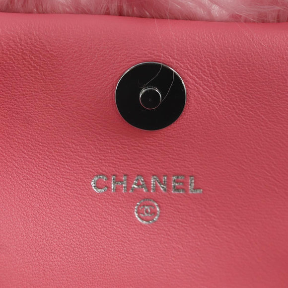 CHANEL Pouch Fur Pink Silver CC Auth ARZ032SAM