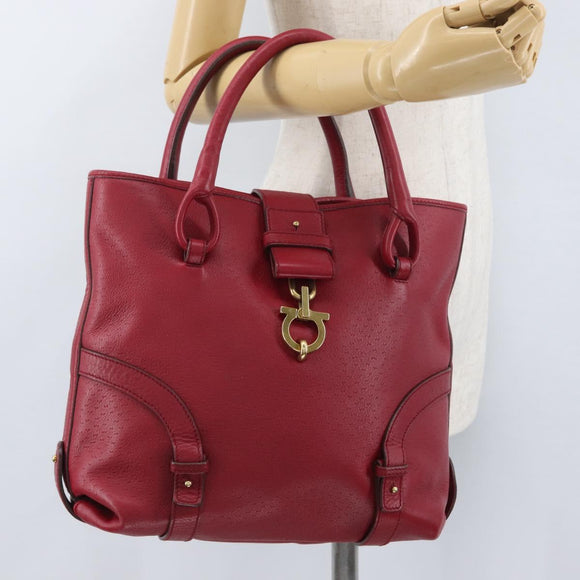 Salvatore Ferragamo Gancini Hand Bag Leather Red Gold Auth ARZ035A