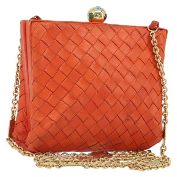 BOTTEGA VENETA INTRECCIATO Schoudertas met Ketting Leer Oranje Goud Auth ARZ039A