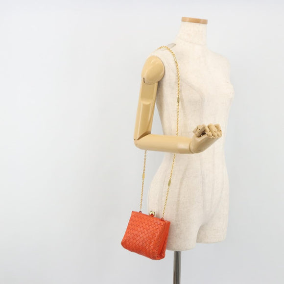 BOTTEGA VENETA INTRECCIATO Schoudertas met Ketting Leer Oranje Goud Auth ARZ039A