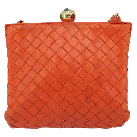 BOTTEGA VENETA INTRECCIATO Schoudertas met Ketting Leer Oranje Goud Auth ARZ039A
