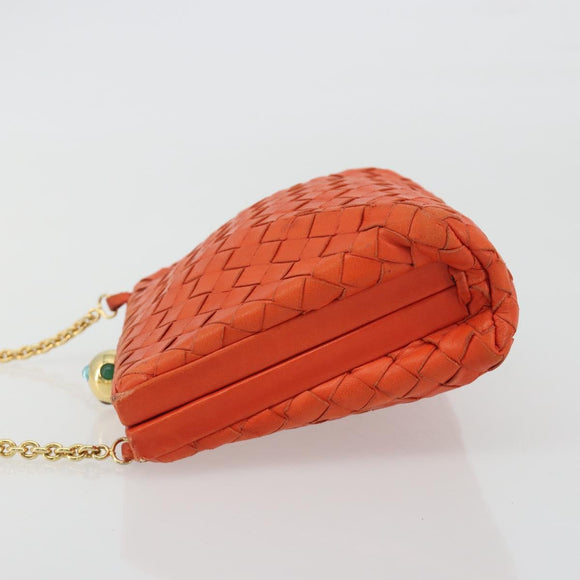 BOTTEGA VENETA INTRECCIATO Schoudertas met Ketting Leer Oranje Goud Auth ARZ039A