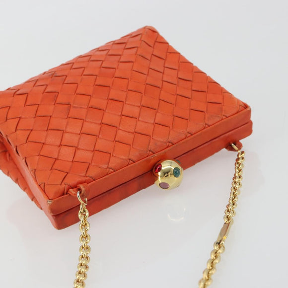BOTTEGA VENETA INTRECCIATO Schoudertas met Ketting Leer Oranje Goud Auth ARZ039A