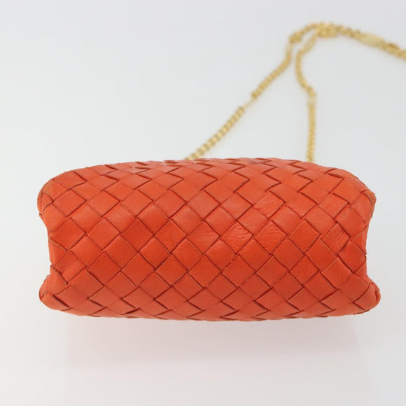 BOTTEGA VENETA INTRECCIATO Schoudertas met Ketting Leer Oranje Goud Auth ARZ039A