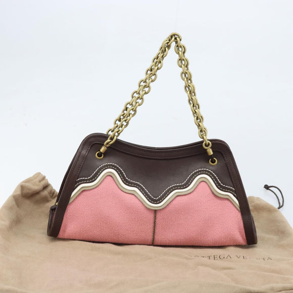 BOTTEGA VENETA Ketting Handtas Leer Canvas 2-weg Outlet Roze Goud Auth ARZ067V