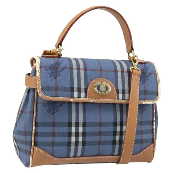 Burberrys Nova Check Hand Bag PVC 2way Blue Gold Auth ARZ085