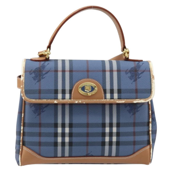 Burberrys Nova Check Hand Bag PVC 2way Blue Gold Auth ARZ085