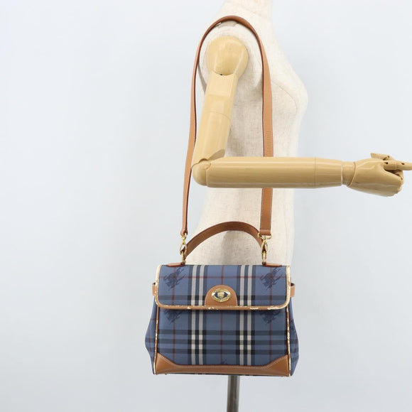 Burberrys Nova Check Hand Bag PVC 2way Blue Gold Auth ARZ085