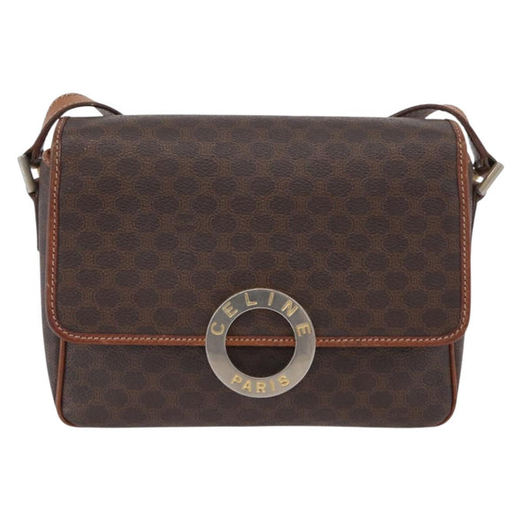 CELINE Macadam Canvas Circle Shoulder Bag PVC Leather Brown Gold Auth ARZ089