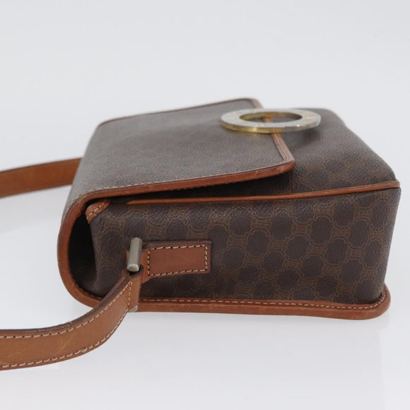 CELINE Macadam Canvas Circle Shoulder Bag PVC Leather Brown Gold Auth ARZ089