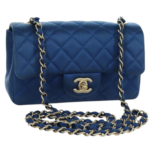 CHANEL Mini Matelasse 20 Chain Shoulder Bag Satin Blue Gold CC Auth ARZ097SAM