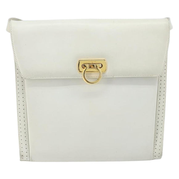 Salvatore Ferragamo Gancini Umhängetasche Leder Weiß Gold Auth ARZ115