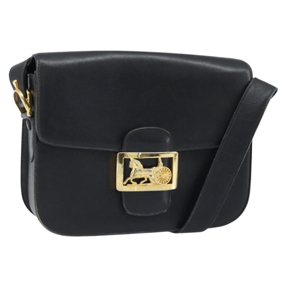 CELINE Horse Carriage Shoulder Bag Leather Black Gold Auth ARZ121