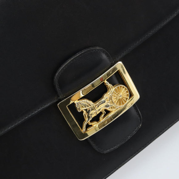 CELINE Horse Carriage Shoulder Bag Leather Black Gold Auth ARZ121