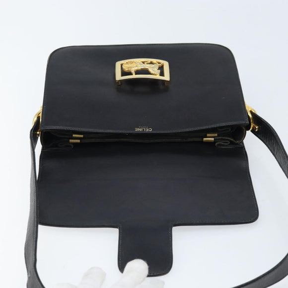 CELINE Horse Carriage Shoulder Bag Leather Black Gold Auth ARZ121
