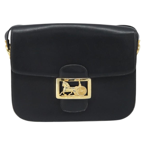 CELINE Horse Carriage Shoulder Bag Leather Black Gold Auth ARZ121