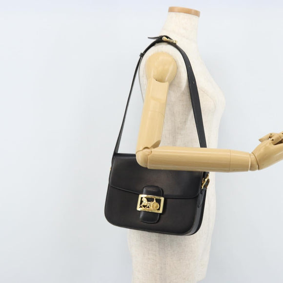 CELINE Horse Carriage Shoulder Bag Leather Black Gold Auth ARZ121