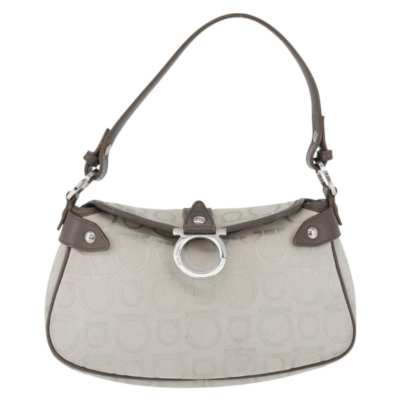 Salvatore Ferragamo Gancini Handtasche Canvas Grau Silber Auth ARZ122