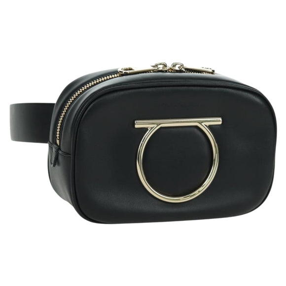Salvatore Ferragamo Gancini Waist bag Leather Black Gold Auth ARZ136V