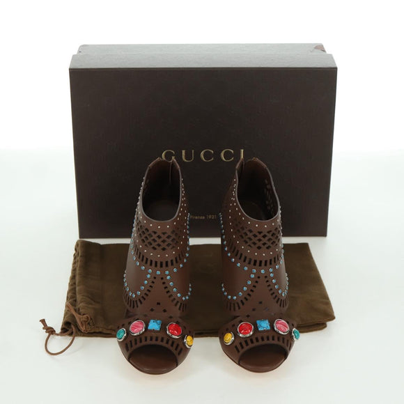 GUCCI High Heels Sandals Leather 35 1/2 Brown Auth ARZ137V
