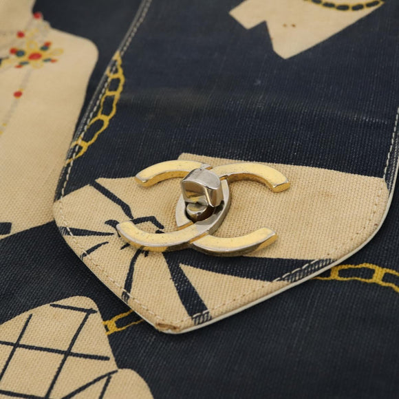 CHANEL Shoulder Bag Canvas Navy Gold CC Auth ARZ138