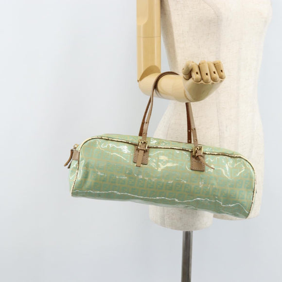 FENDI Zucchino Canvas Hand Bag Coated Canvas Green Gold Auth ARZ139