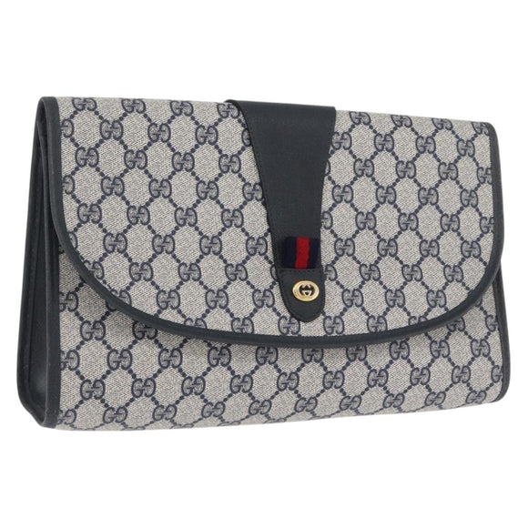 GUCCI GG Supreme Sherry Line Clutch Bag PVC Navy Gold 89 01 031 Auth ARZ149