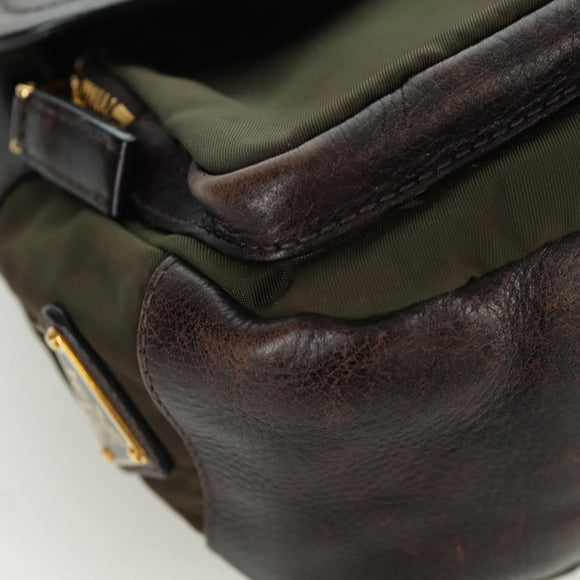 PRADA Shoulder Bag Nylon Leather Khaki Gold Auth ARZ154V