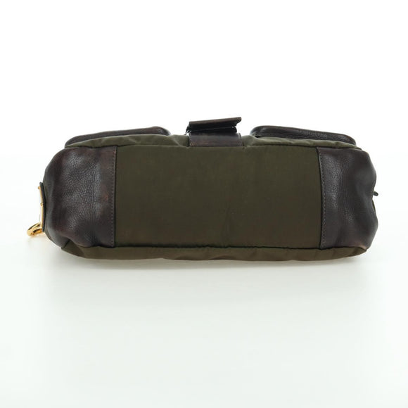 PRADA Shoulder Bag Nylon Leather Khaki Gold Auth ARZ154V