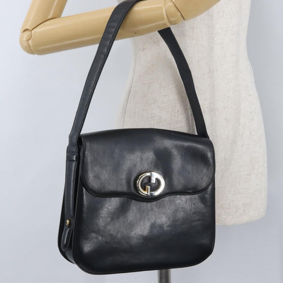 GUCCI Shoulder Bag Leather Navy Gold Auth ARZ157