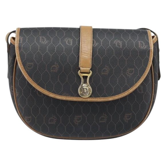 Christian Dior Honeycomb Canvas Shoulder Bag PVC Leather Black Gold Auth ARZ160