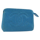 CHANEL COCO Mark Pouch Caviar Skin Blue Gold CC Auth ARZ176-1