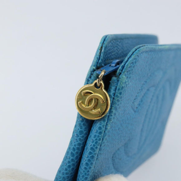 CHANEL COCO Mark Pouch Caviar Skin Blue Gold CC Auth ARZ176
