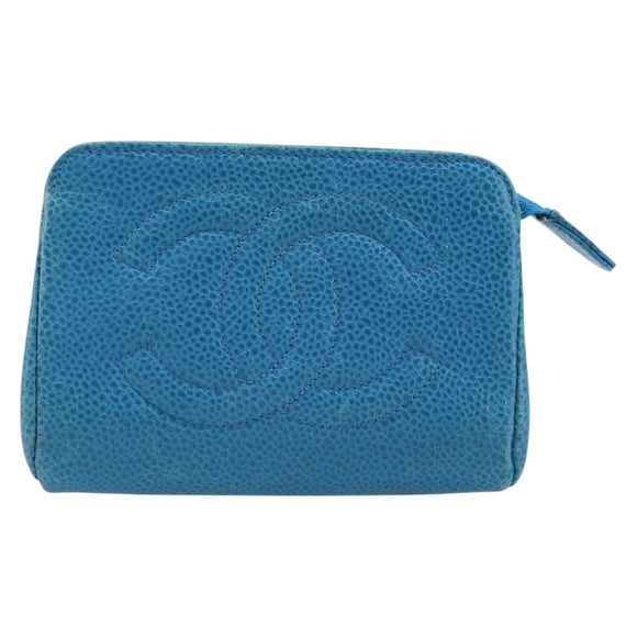 CHANEL COCO Mark Pouch Caviar Skin Blue Gold CC Auth ARZ176