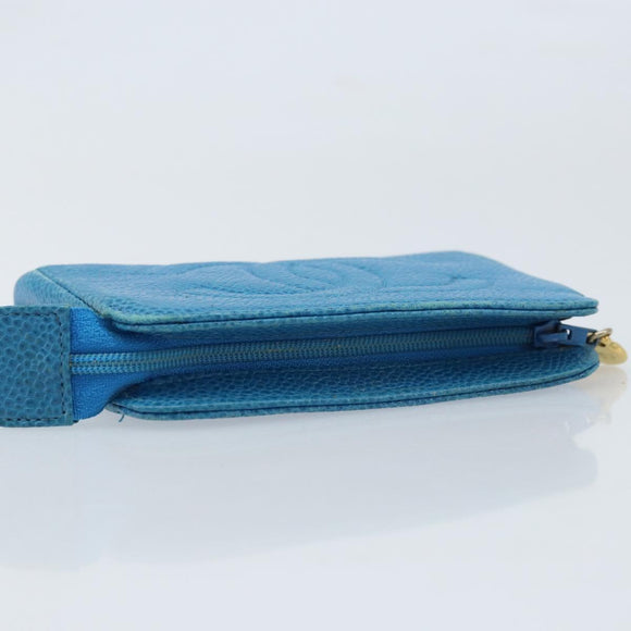 CHANEL COCO Mark Pouch Caviar Skin Blue Gold CC Auth ARZ176