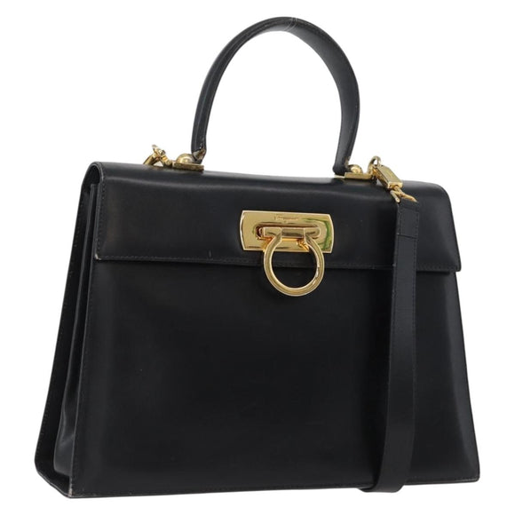 Salvatore Ferragamo Gancini Hand Bag Leather 2way Black Gold Auth ARZ228